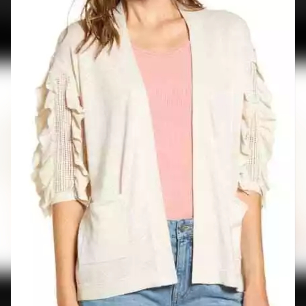 Rachel Parcell Linen Neutral Quarter Sleeve Ruffle Pointelle Open Front Cardigan
